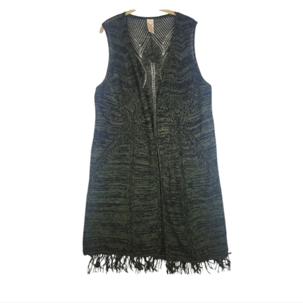 Faded Glory Green Knit Open Fringe Sleeveless Cardigan Size 1x-2X(16W-20W)